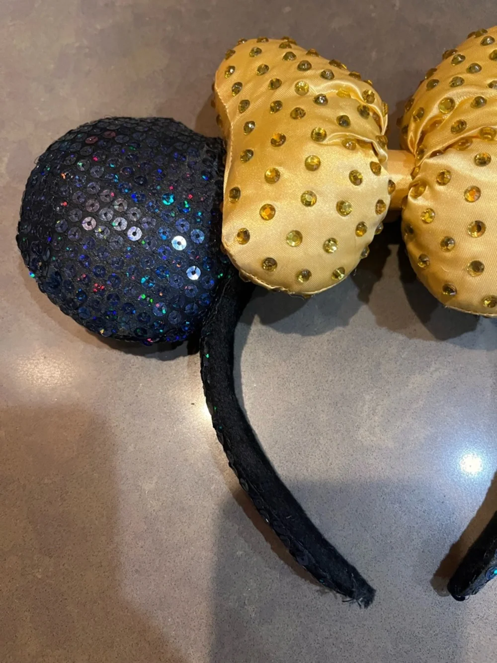Disney Parks Iridescent Blue & Purple Sequin Minnie Ears, Gold Bow
